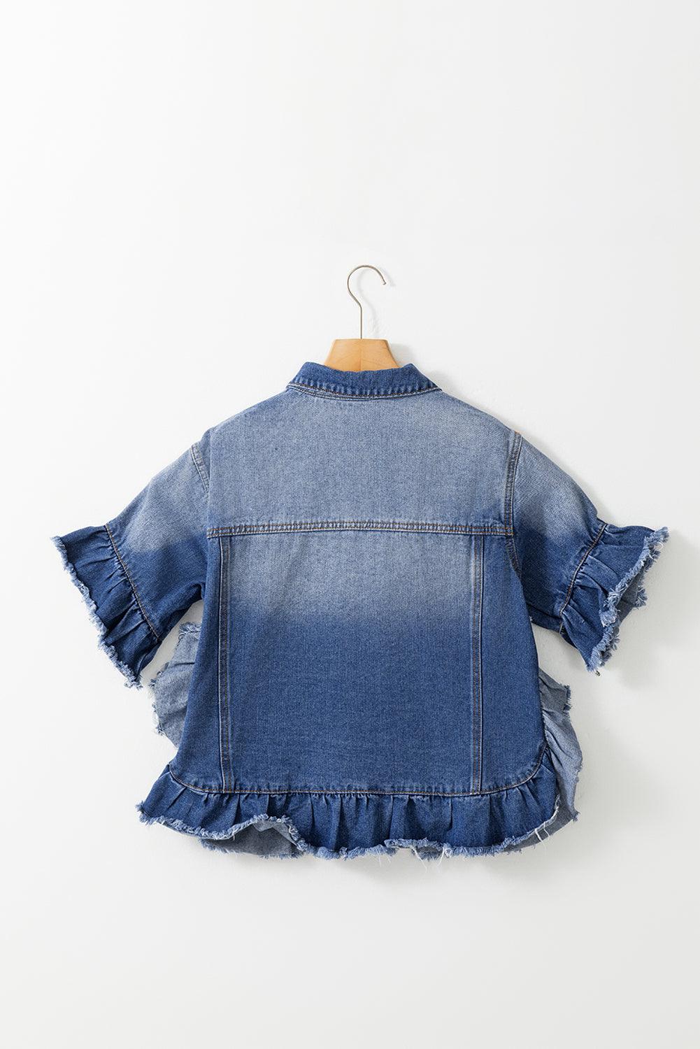 Ruffled Raw Hem Half Sleeve Denim Top - Bona Fide Fashion