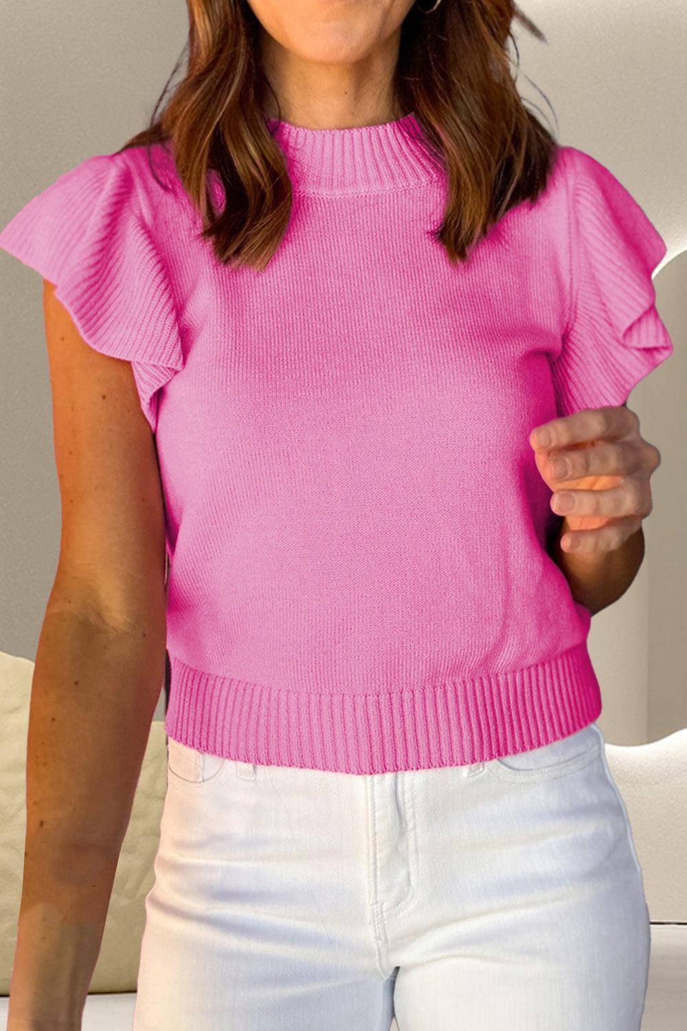 Ruffled Round Neck Cap Sleeve Sweater - Bona Fide Fashion