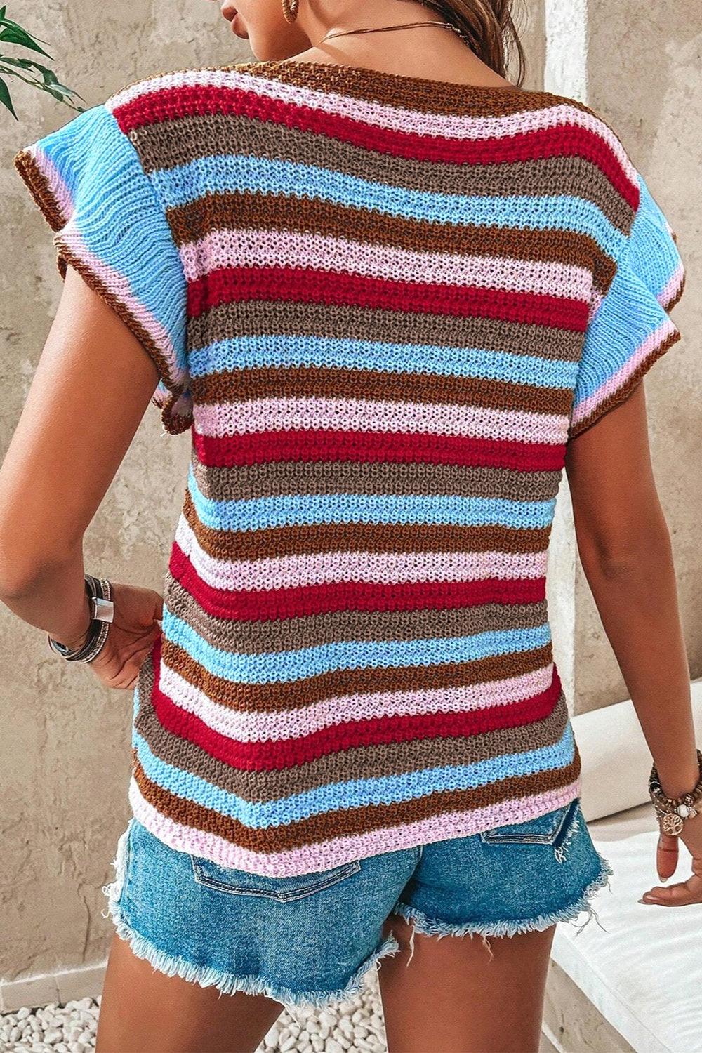 Ruffled Striped V-Neck Cap Sleeve Knit Top - Bona Fide Fashion