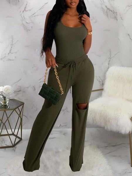 Scoop Neck Racerback Bodysuit and Distressed Wide Leg Pant. 2pc set HWF57Y2SD3 - Bona Fide Fashion