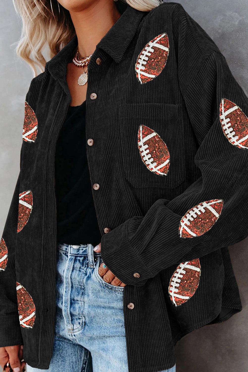 Sequin Football Button Up Long Sleeve Jacket - Bona Fide Fashion