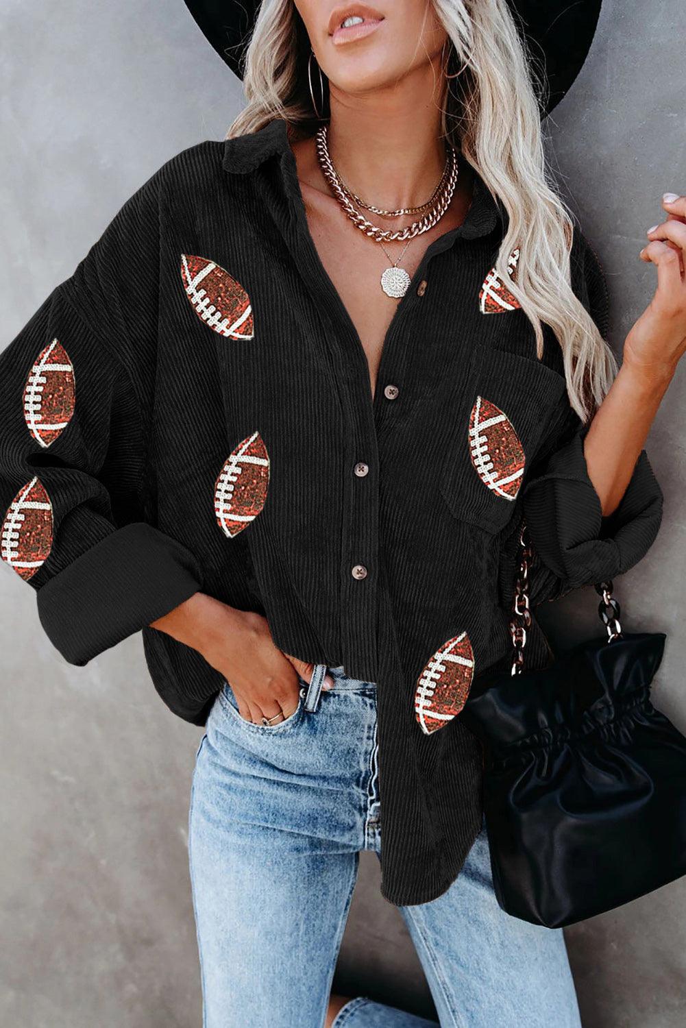 Sequin Football Button Up Long Sleeve Jacket - Bona Fide Fashion