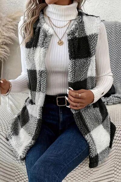 Sherpa Plaid Open Front Vest Coat - Bona Fide Fashion