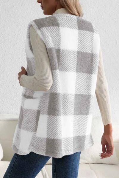 Sherpa Plaid Open Front Vest Coat - Bona Fide Fashion