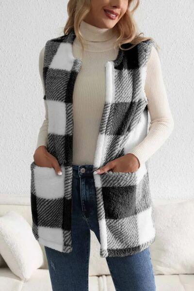 Sherpa Plaid Open Front Vest Coat - Bona Fide Fashion