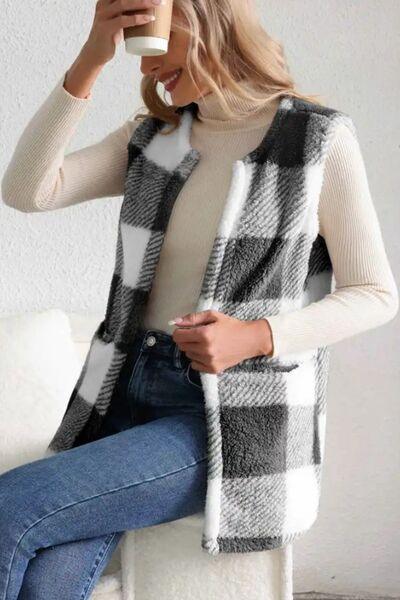 Sherpa Plaid Open Front Vest Coat - Bona Fide Fashion