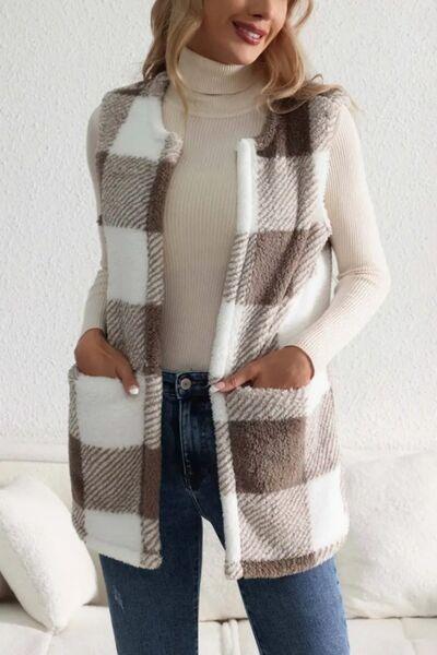 Sherpa Plaid Open Front Vest Coat - Bona Fide Fashion