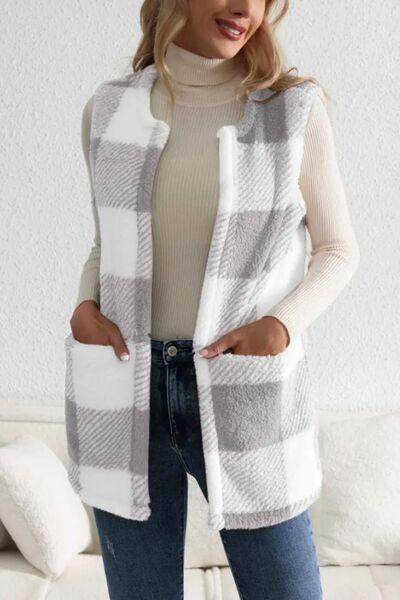 Sherpa Plaid Open Front Vest Coat - Bona Fide Fashion