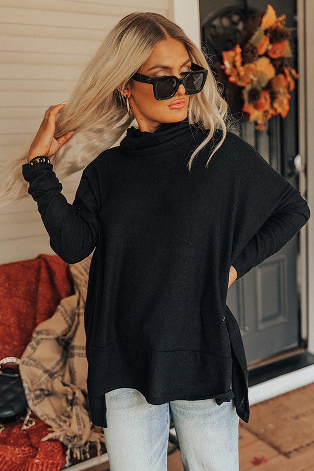 Side Slit High-Low Cowl Neck Long Sleeve Blouse - Bona Fide Fashion