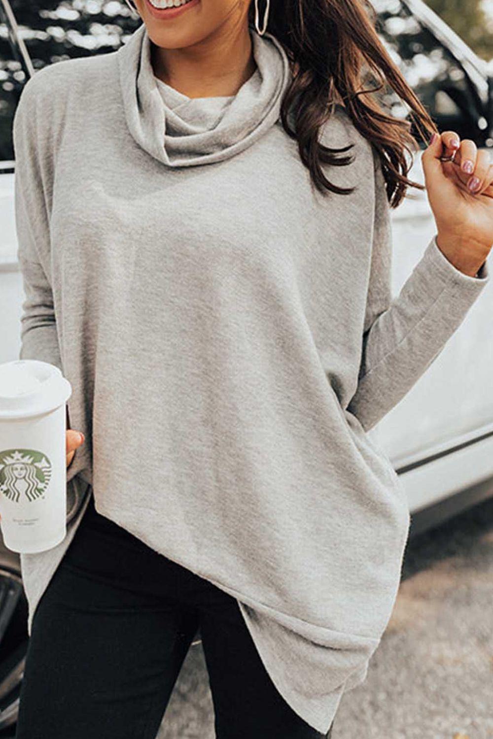 Side Slit High-Low Cowl Neck Long Sleeve Blouse - Bona Fide Fashion