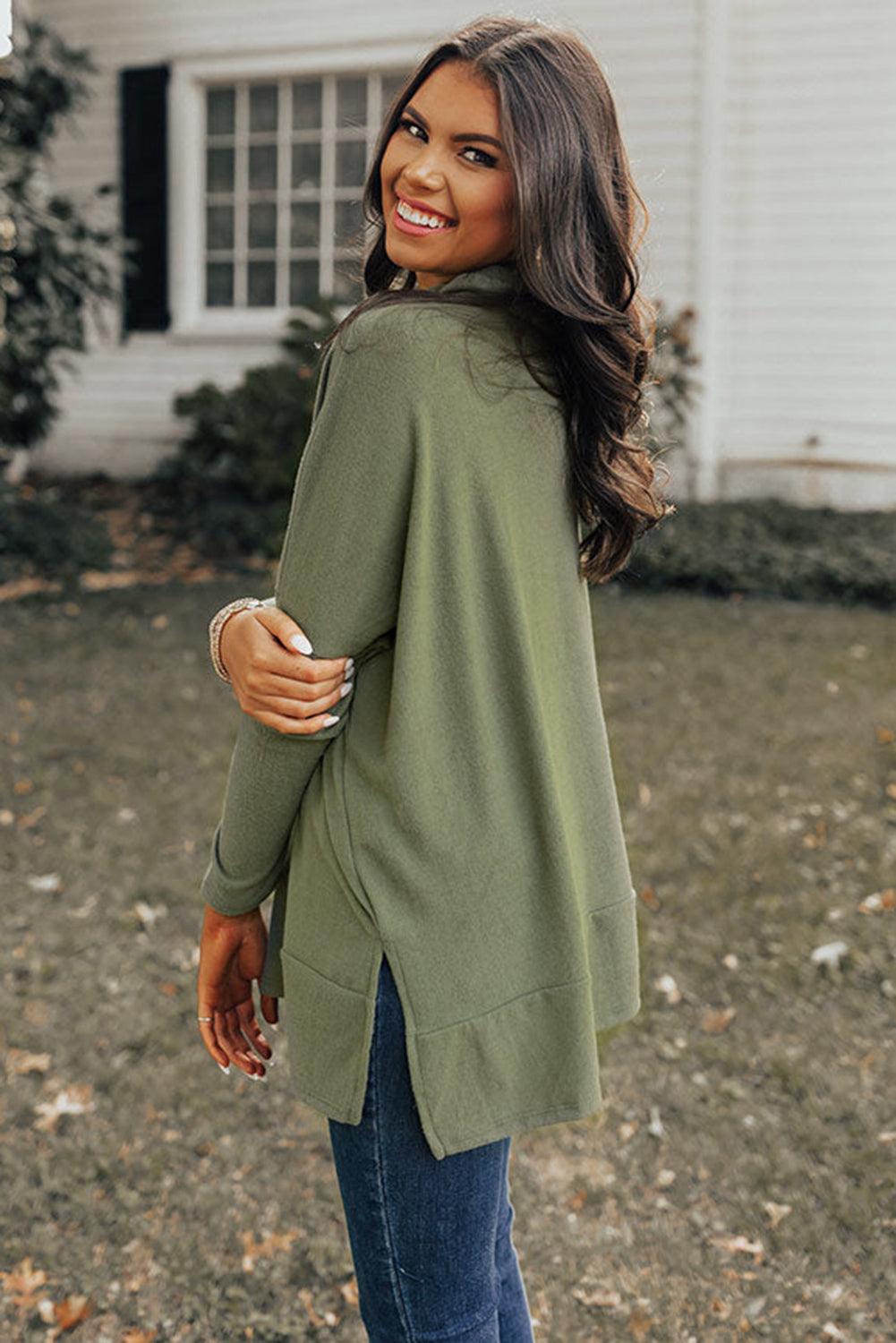 Side Slit High-Low Cowl Neck Long Sleeve Blouse - Bona Fide Fashion