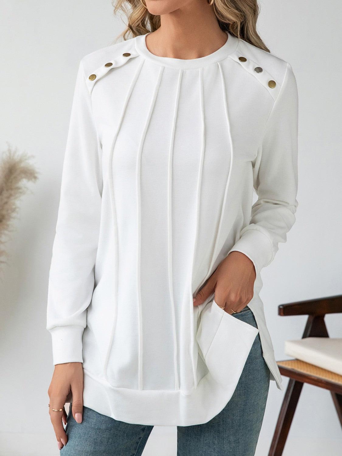 Side Slit Round Neck Long Sleeve Blouse - Bona Fide Fashion