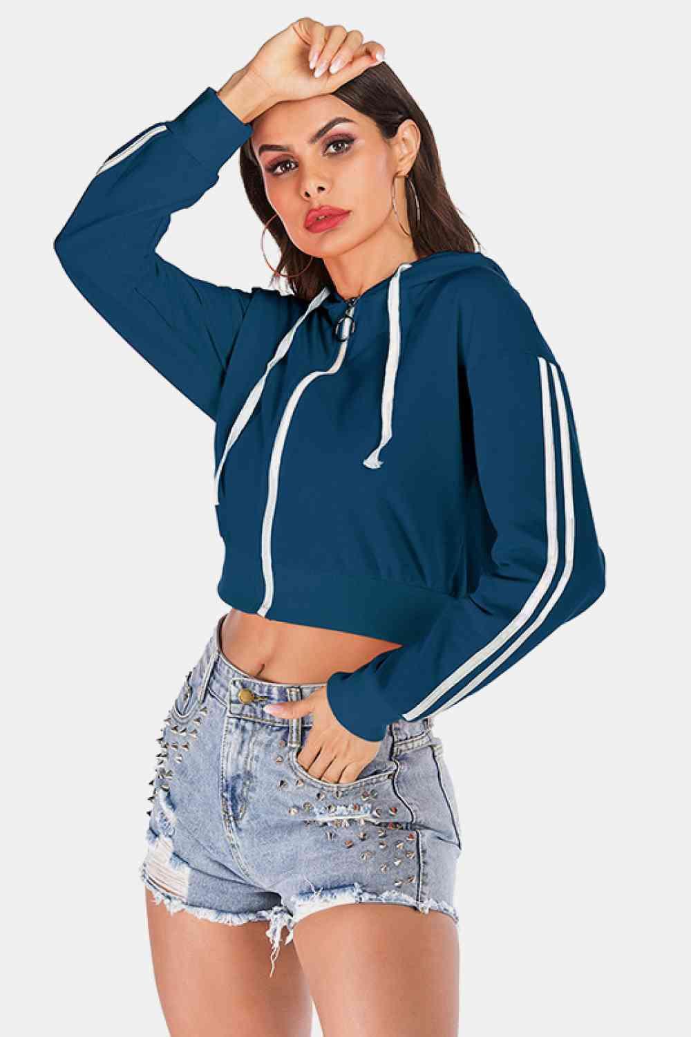 Side Stripe Drawstring Cropped Hooded Jacket - Bona Fide Fashion