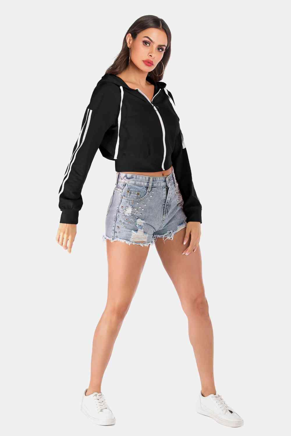 Side Stripe Drawstring Cropped Hooded Jacket - Bona Fide Fashion