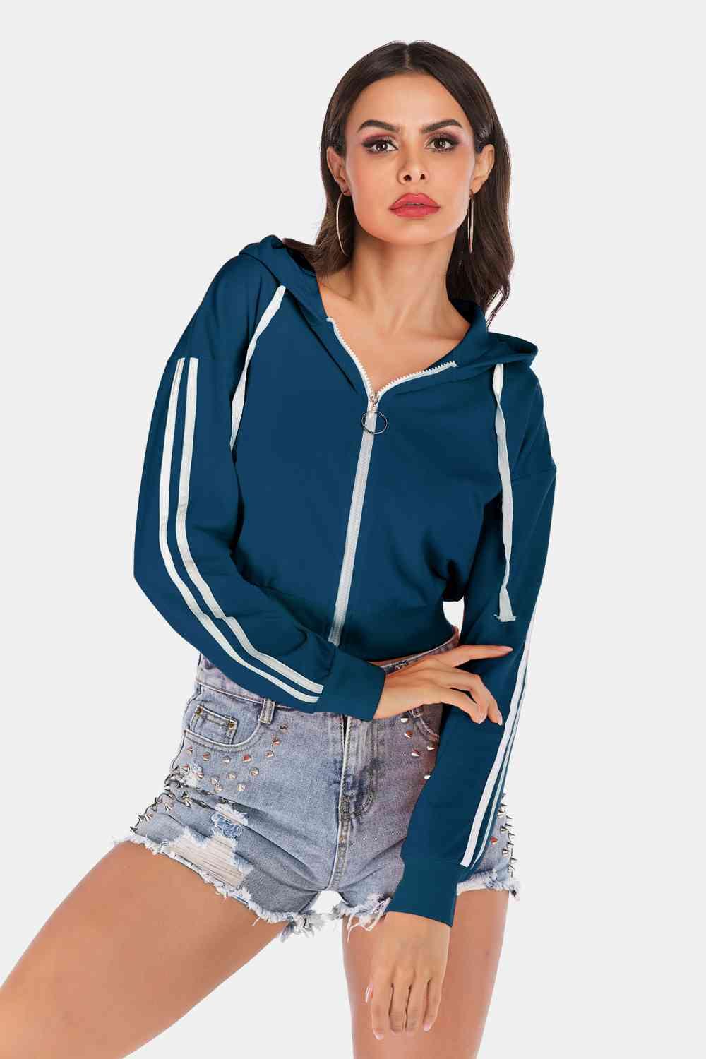 Side Stripe Drawstring Cropped Hooded Jacket - Bona Fide Fashion