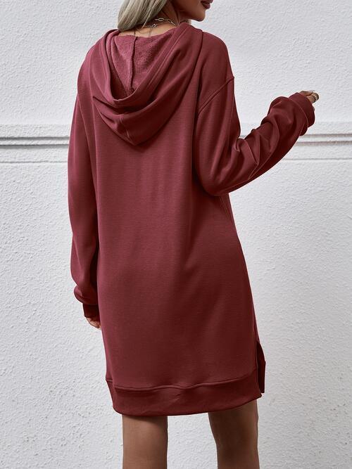 Slit Long Sleeve Hooded Dress with Pocket - Bona Fide Fashion