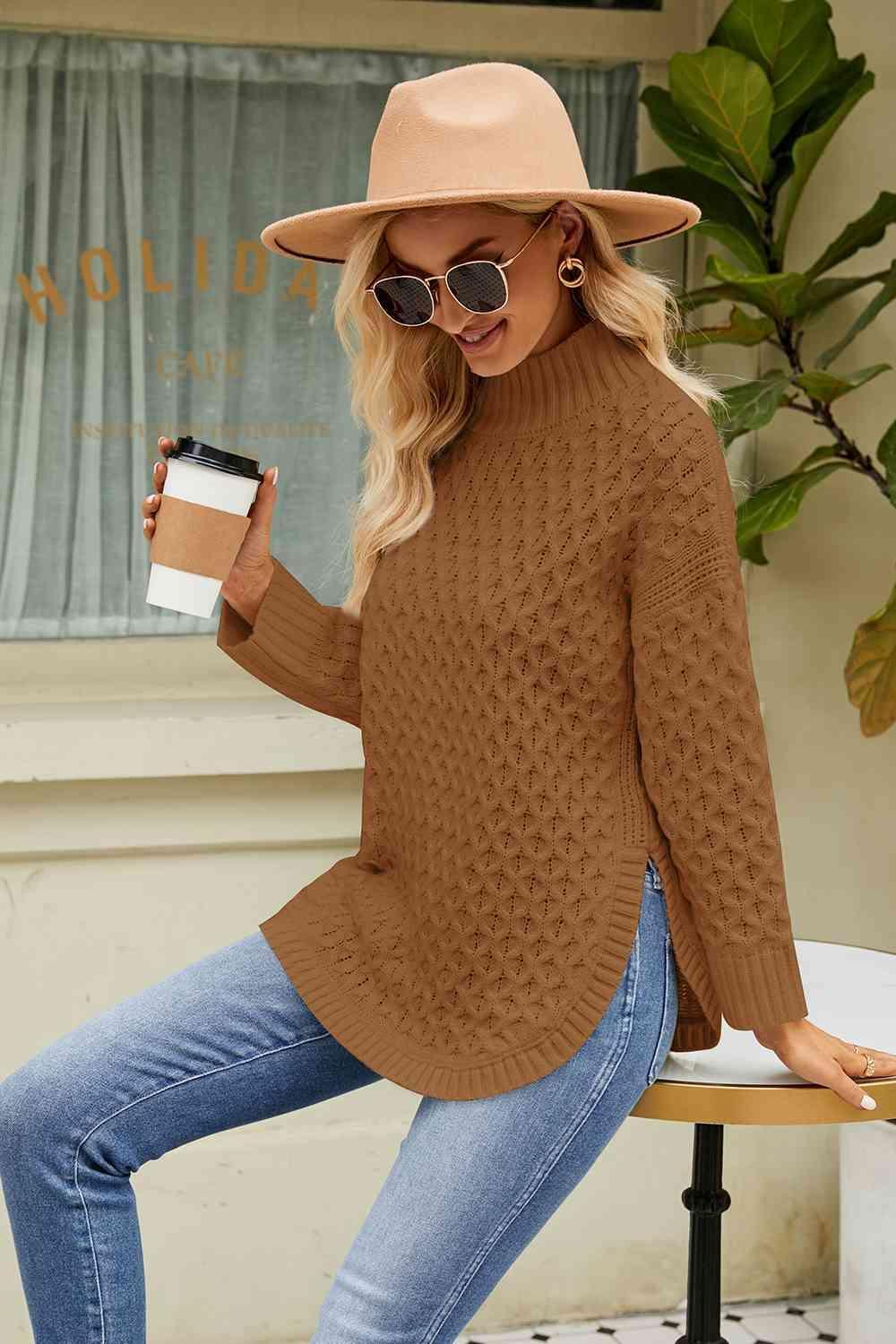 Slit Long Sleeve Mock Neck Sweater - Bona Fide Fashion