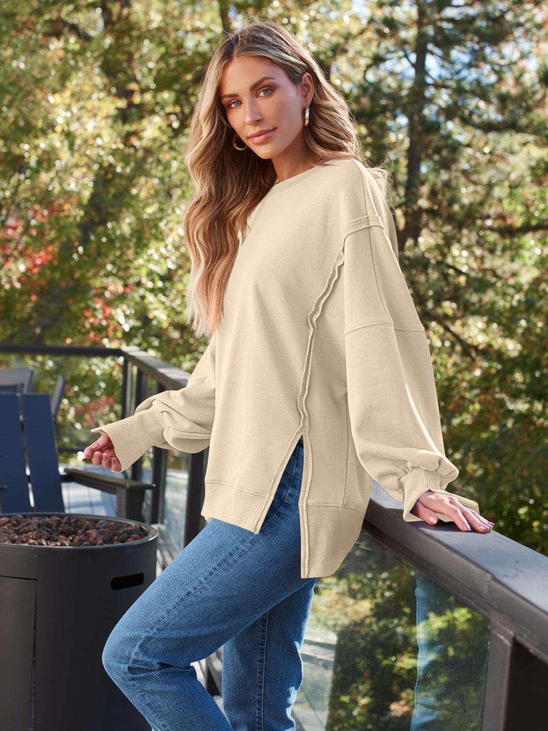 Slit Round Neck Long Sleeve Sweatshirt - Bona Fide Fashion