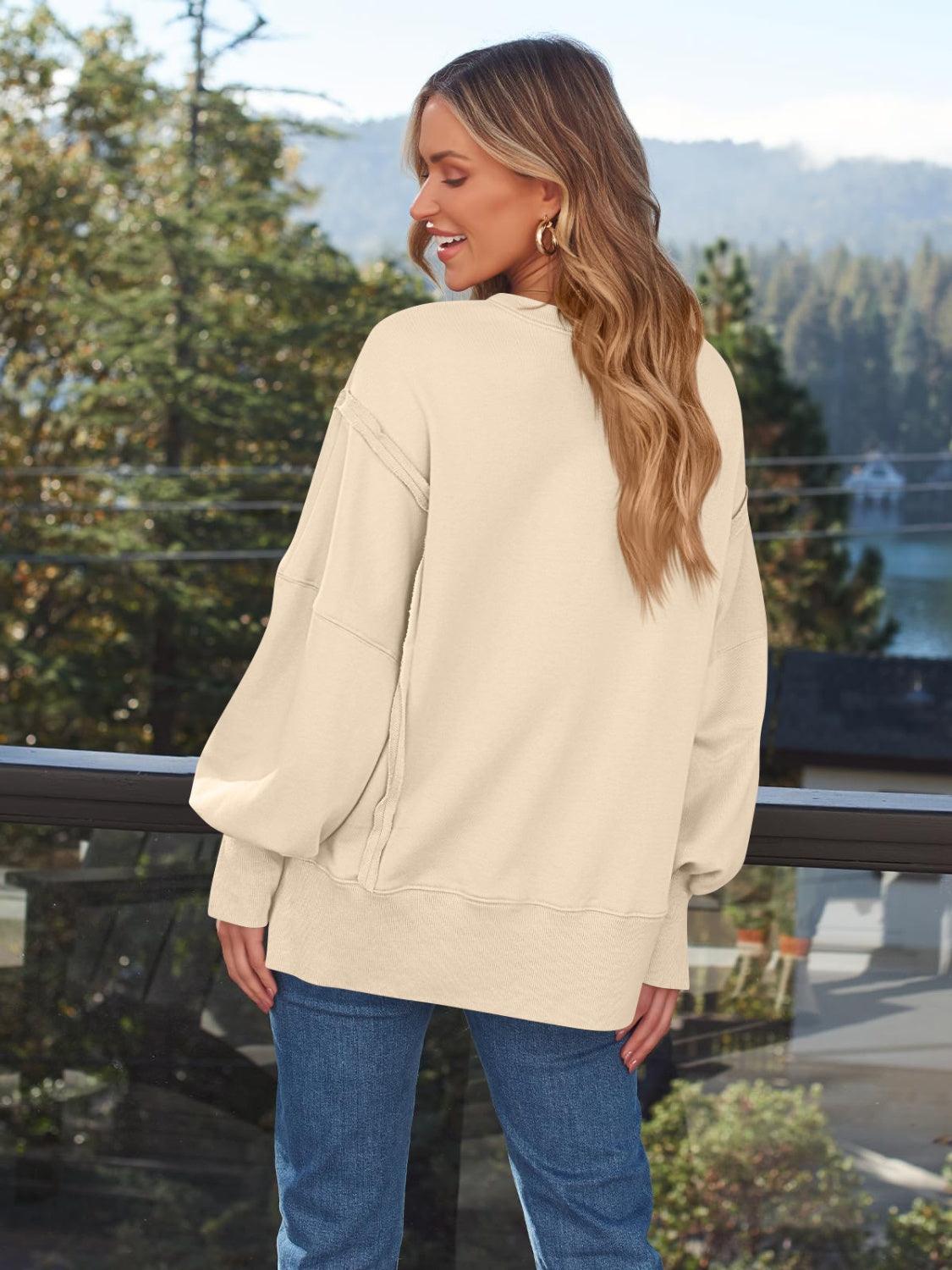 Slit Round Neck Long Sleeve Sweatshirt - Bona Fide Fashion