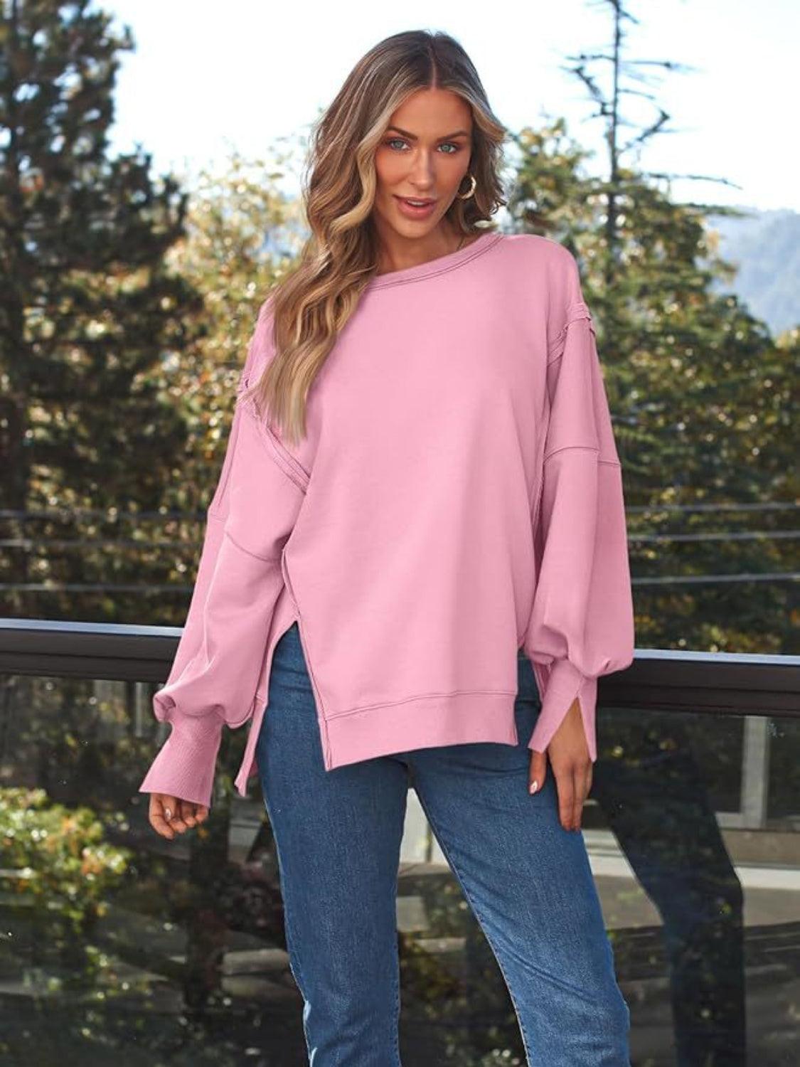 Slit Round Neck Long Sleeve Sweatshirt - Bona Fide Fashion