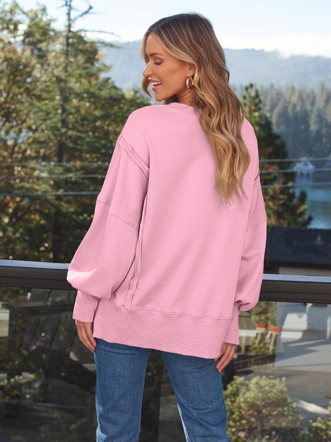 Slit Round Neck Long Sleeve Sweatshirt - Bona Fide Fashion