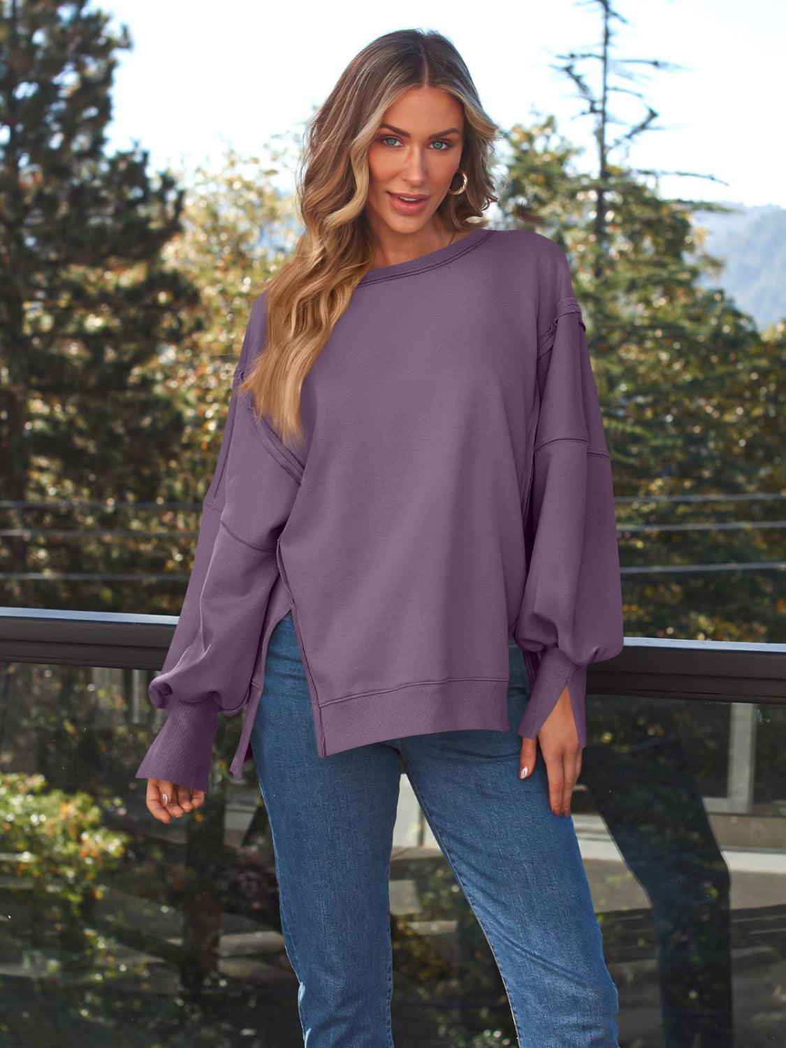 Slit Round Neck Long Sleeve Sweatshirt - Bona Fide Fashion