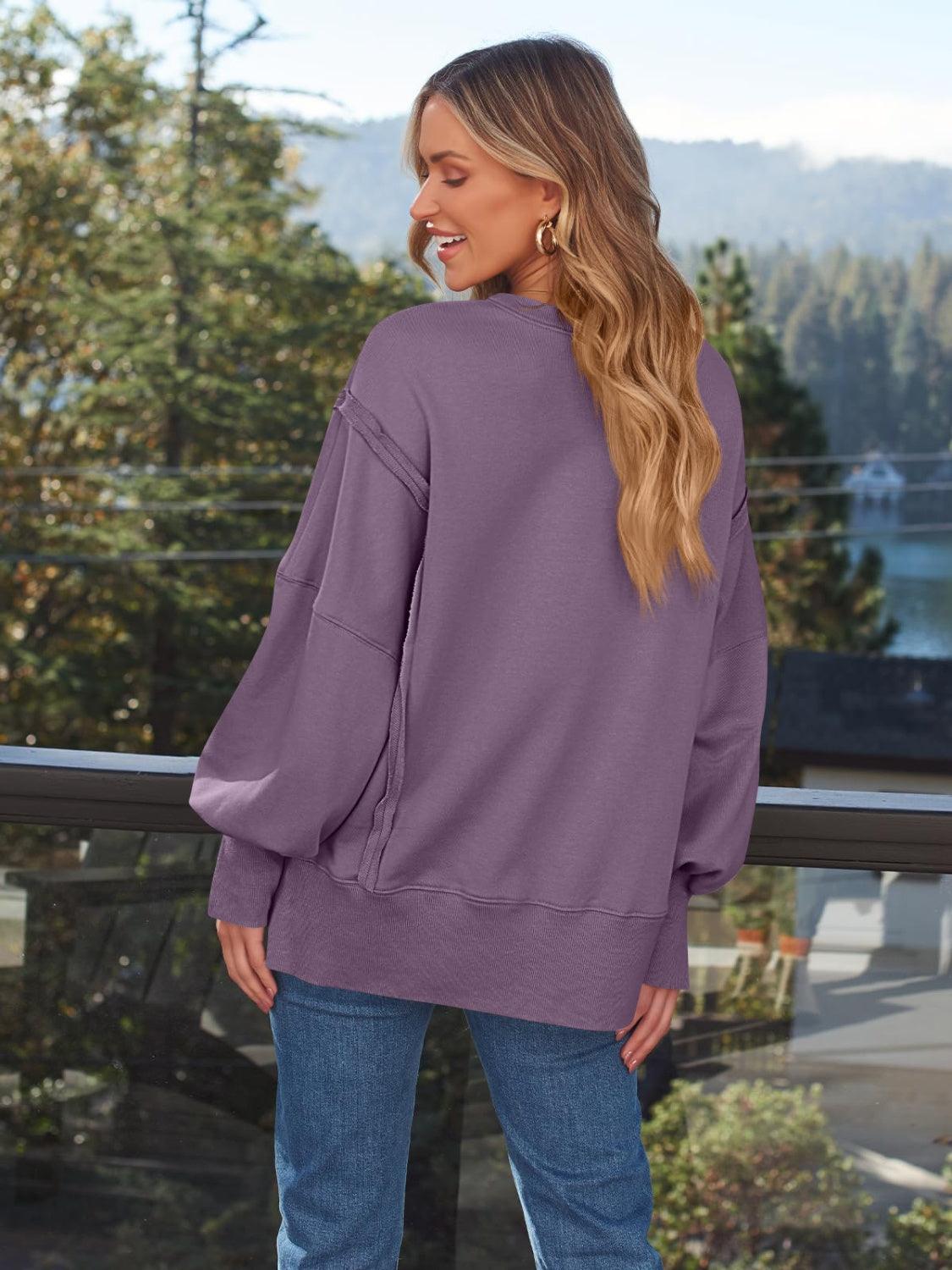 Slit Round Neck Long Sleeve Sweatshirt - Bona Fide Fashion