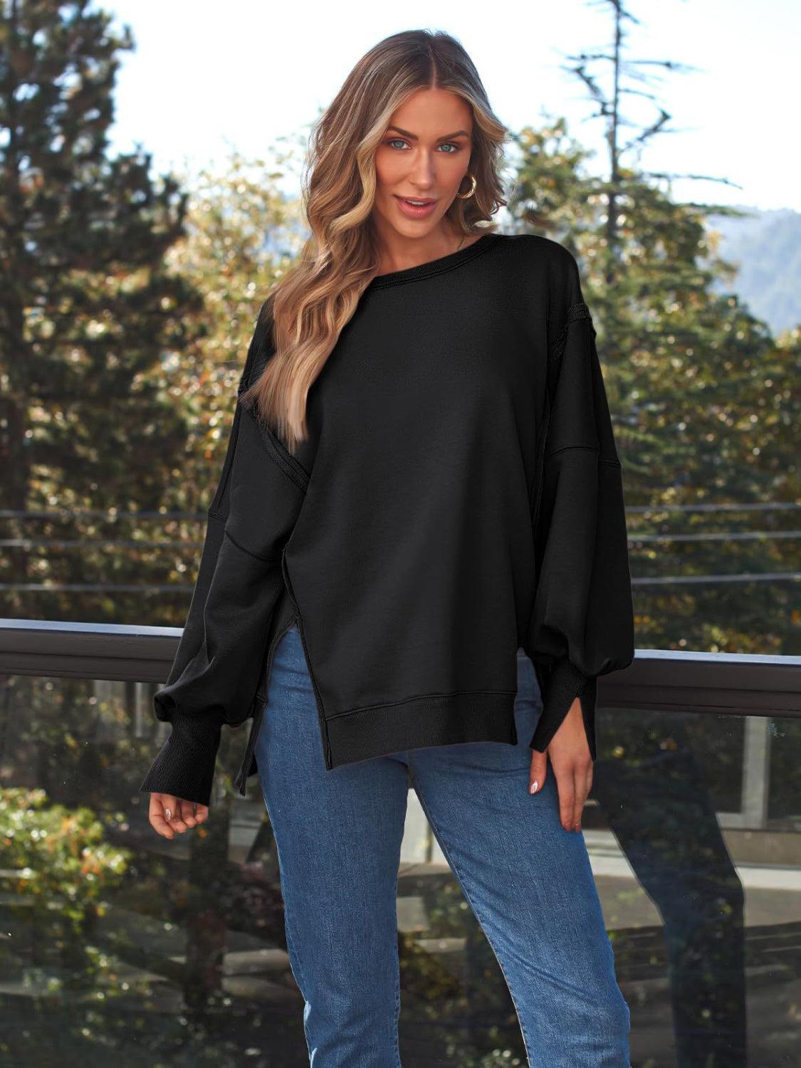 Slit Round Neck Long Sleeve Sweatshirt - Bona Fide Fashion