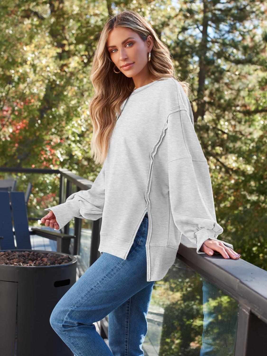 Slit Round Neck Long Sleeve Sweatshirt - Bona Fide Fashion