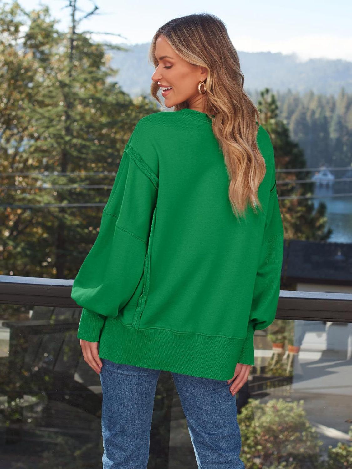 Slit Round Neck Long Sleeve Sweatshirt - Bona Fide Fashion