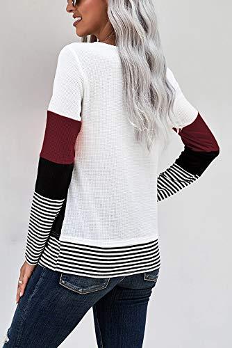 SMENG Fall Shirts Women Crewneck Waffl Knit Striped Long Sleeve Shirt Women Clothes Tshirts Blouse Tees Ladies Multi Color Tops Wine Red XXL - Bona Fide Fashion