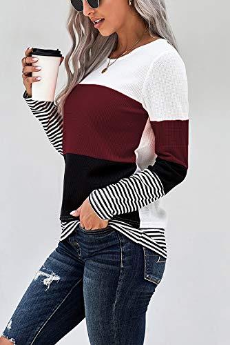 SMENG Fall Shirts Women Crewneck Waffl Knit Striped Long Sleeve Shirt Women Clothes Tshirts Blouse Tees Ladies Multi Color Tops Wine Red XXL - Bona Fide Fashion