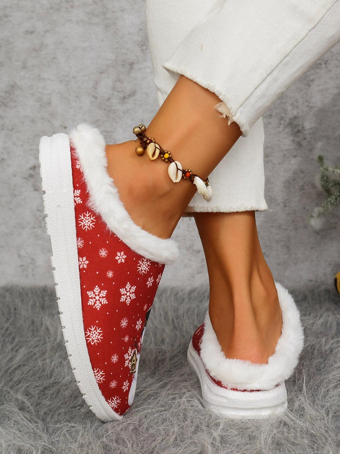 Snowman Print Flat Slippers with Faux Fur - Bona Fide Fashion