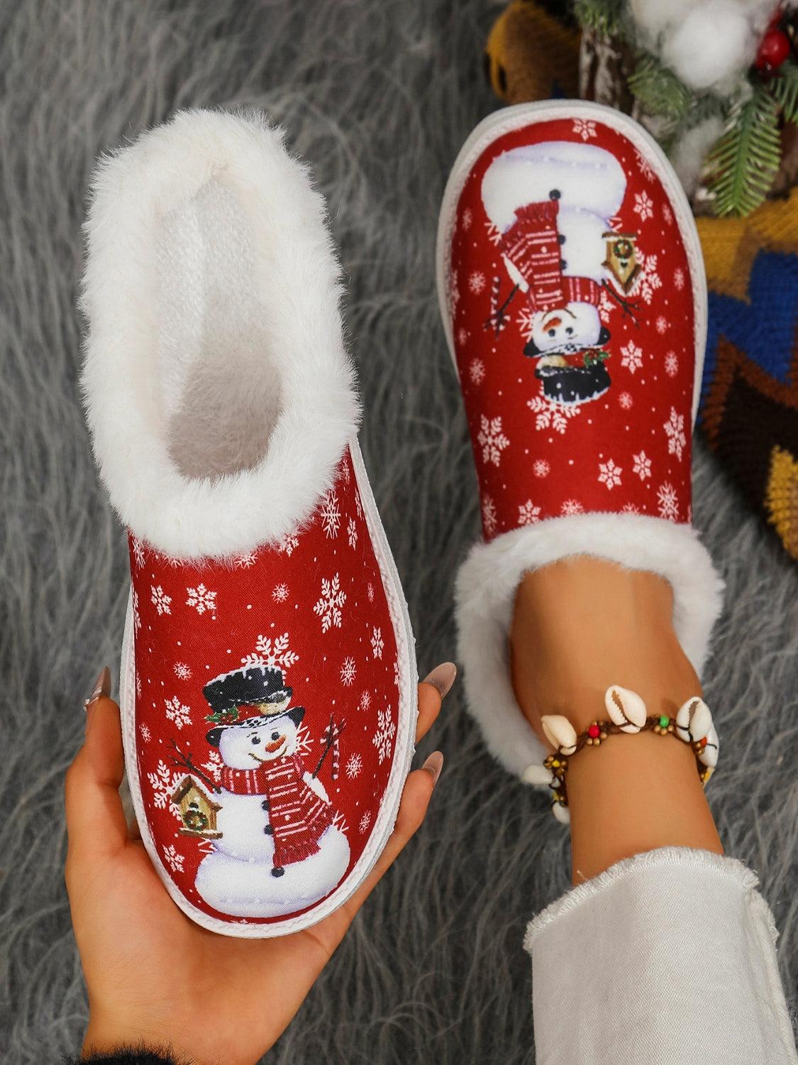 Snowman Print Flat Slippers with Faux Fur - Bona Fide Fashion