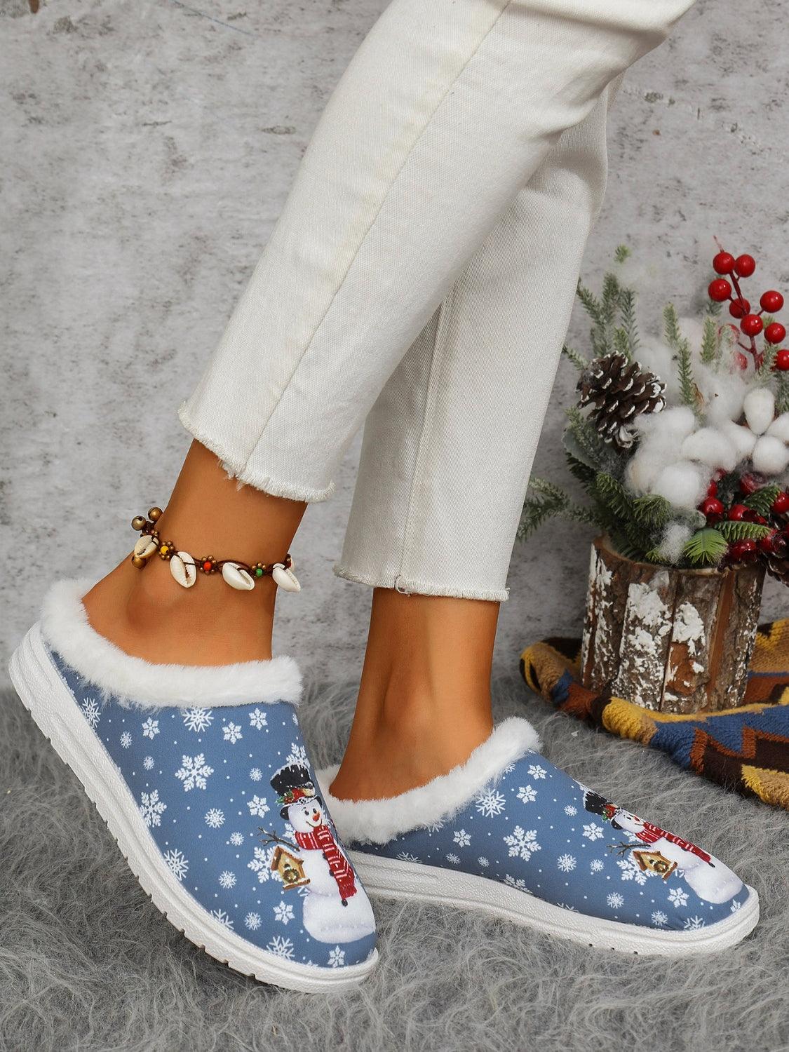 Snowman Print Flat Slippers with Faux Fur - Bona Fide Fashion