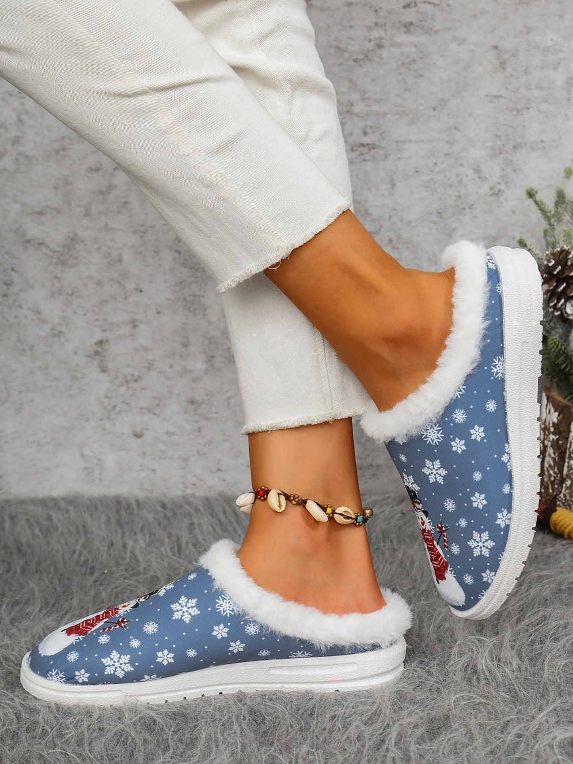 Snowman Print Flat Slippers with Faux Fur - Bona Fide Fashion