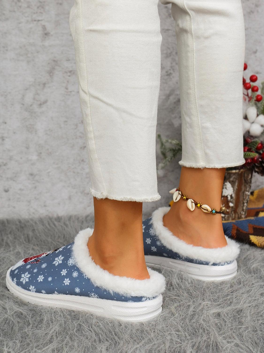 Snowman Print Flat Slippers with Faux Fur - Bona Fide Fashion