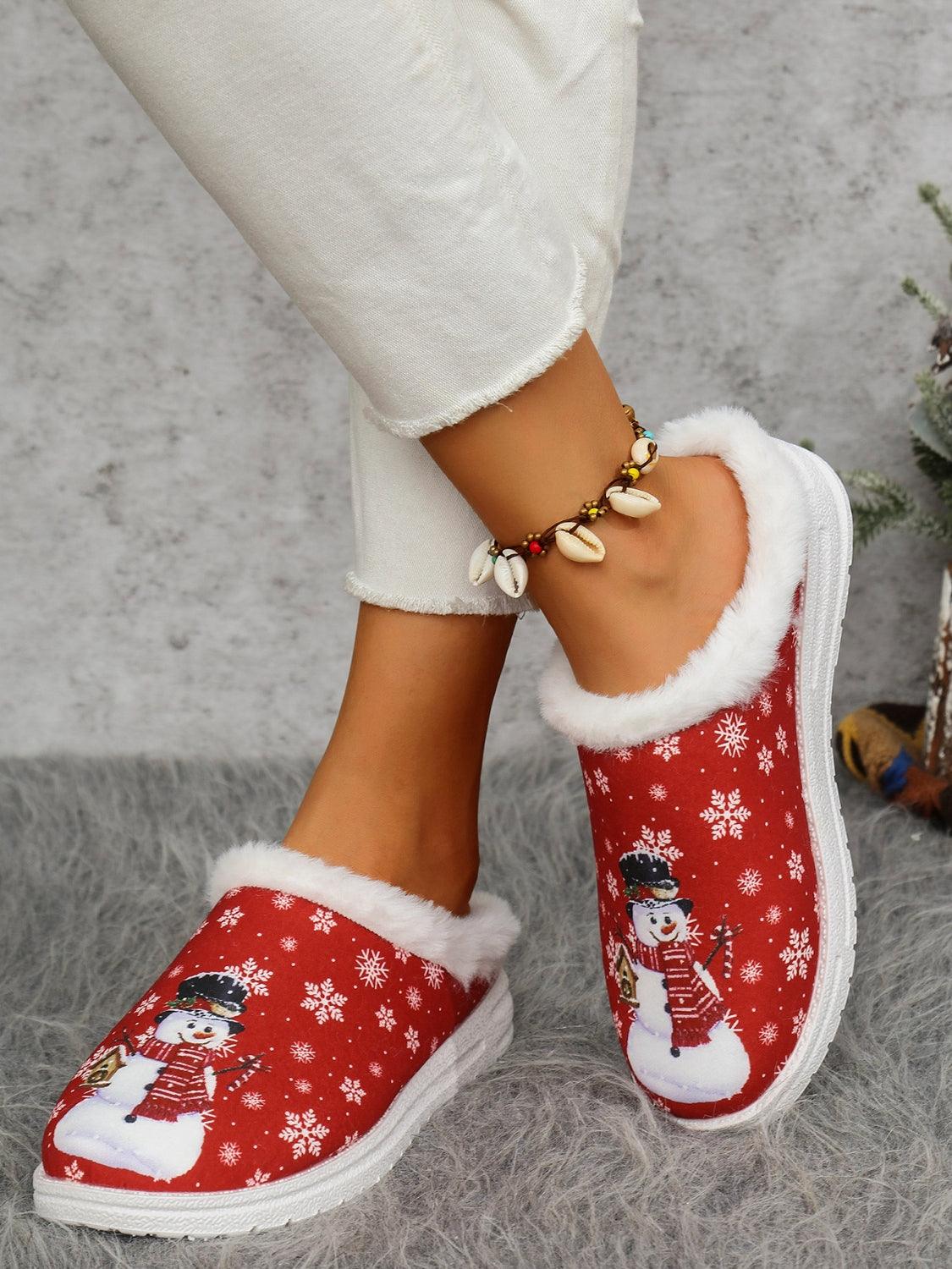 Snowman Print Flat Slippers with Faux Fur - Bona Fide Fashion