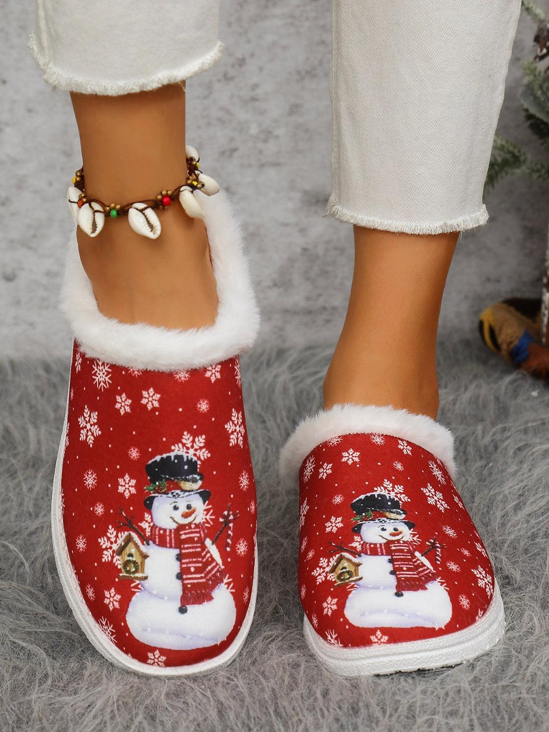 Snowman Print Flat Slippers with Faux Fur - Bona Fide Fashion