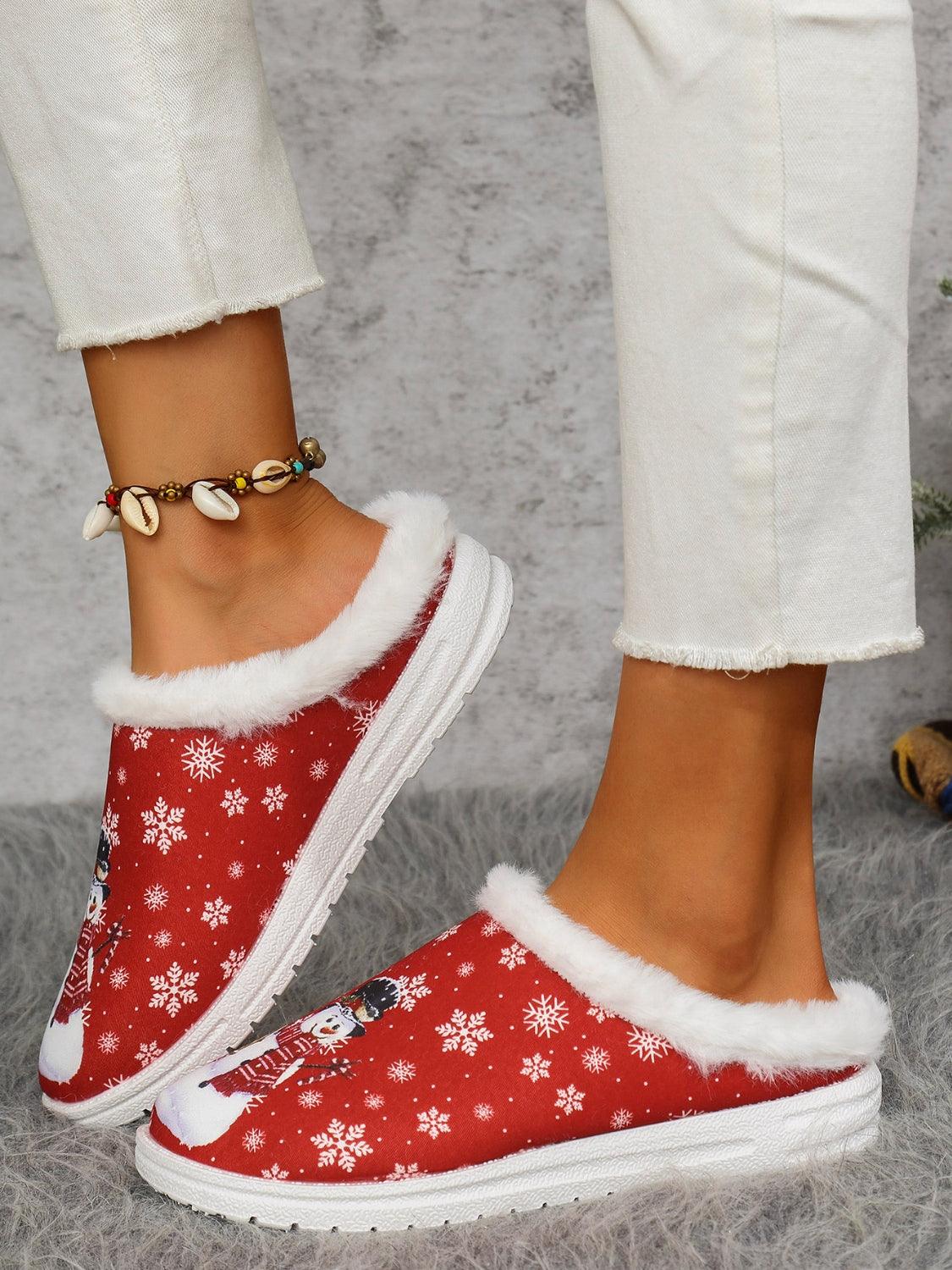 Snowman Print Flat Slippers with Faux Fur - Bona Fide Fashion