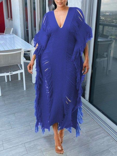 Solid color V-neck knitted fringed dress HW5CNNQDDN - Bona Fide Fashion