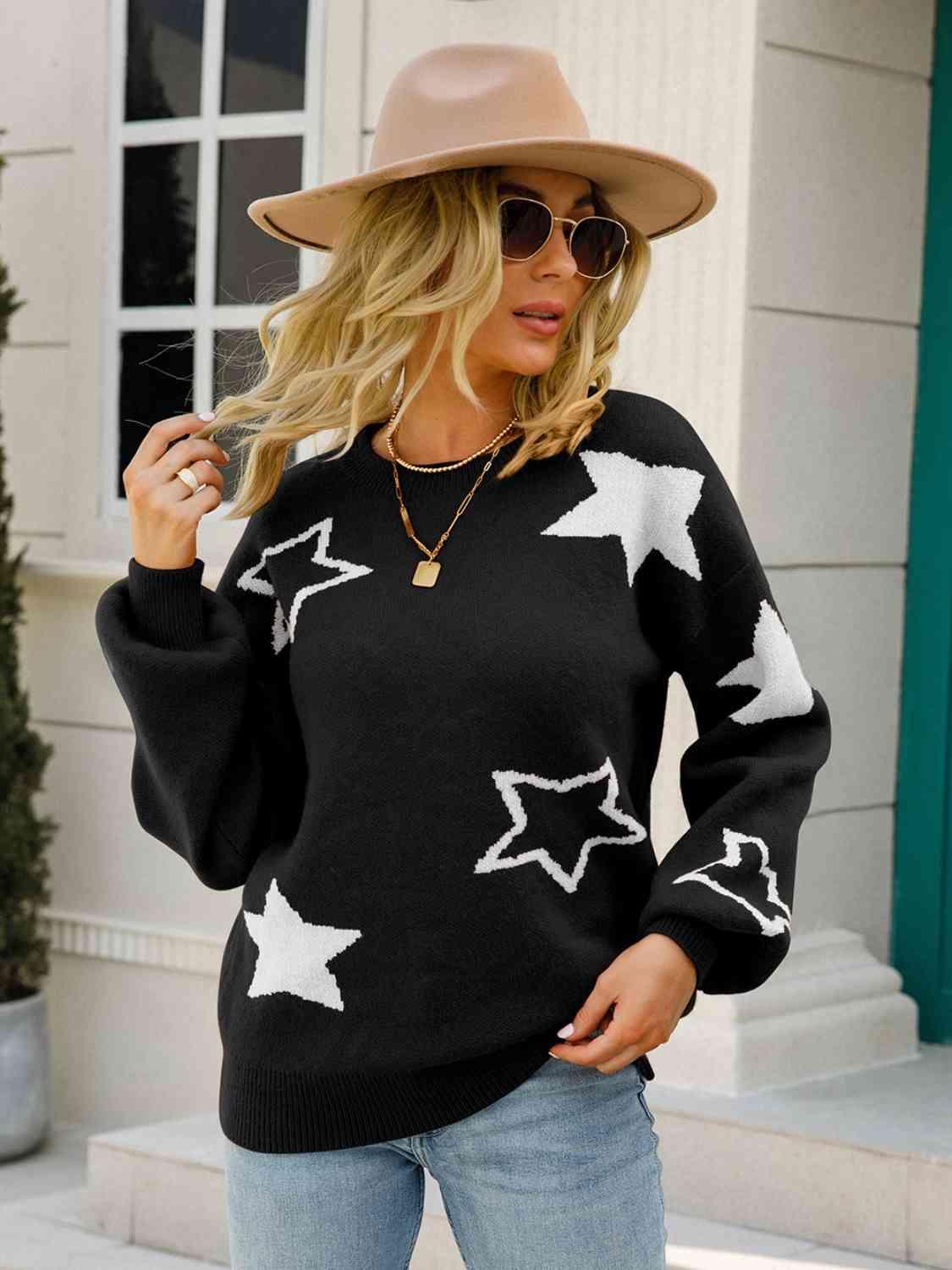 Star Round Neck Long Sleeve Sweater - Bona Fide Fashion