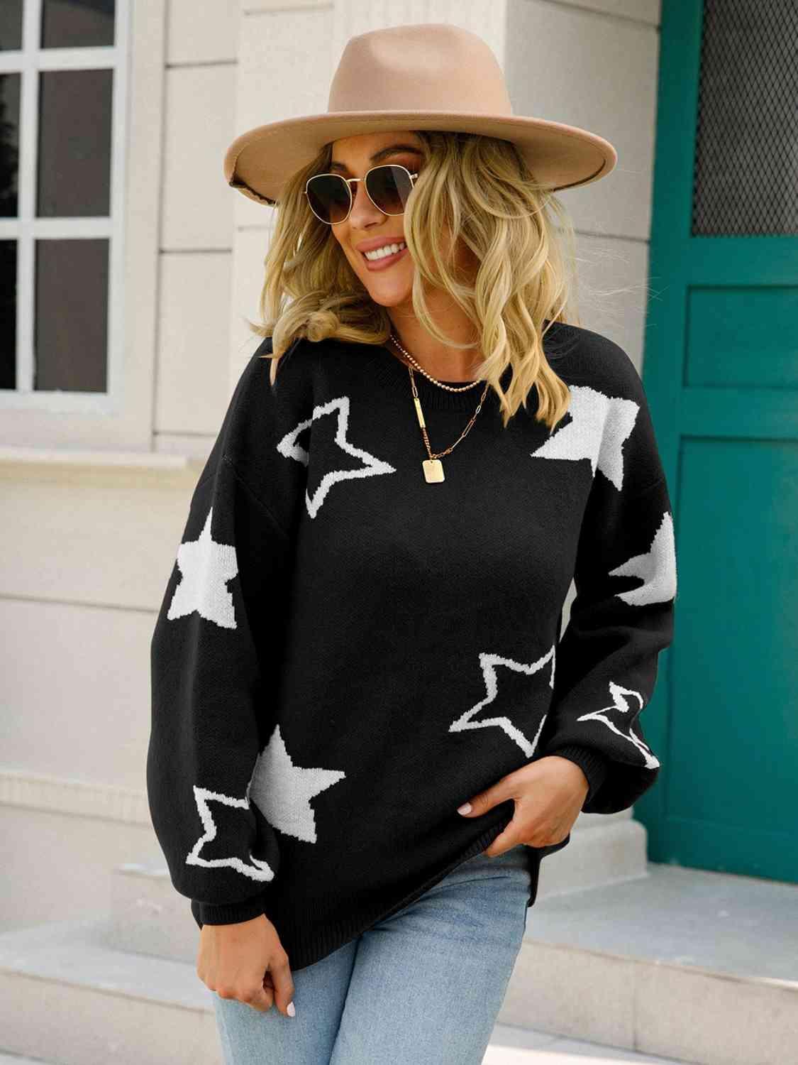 Star Round Neck Long Sleeve Sweater - Bona Fide Fashion