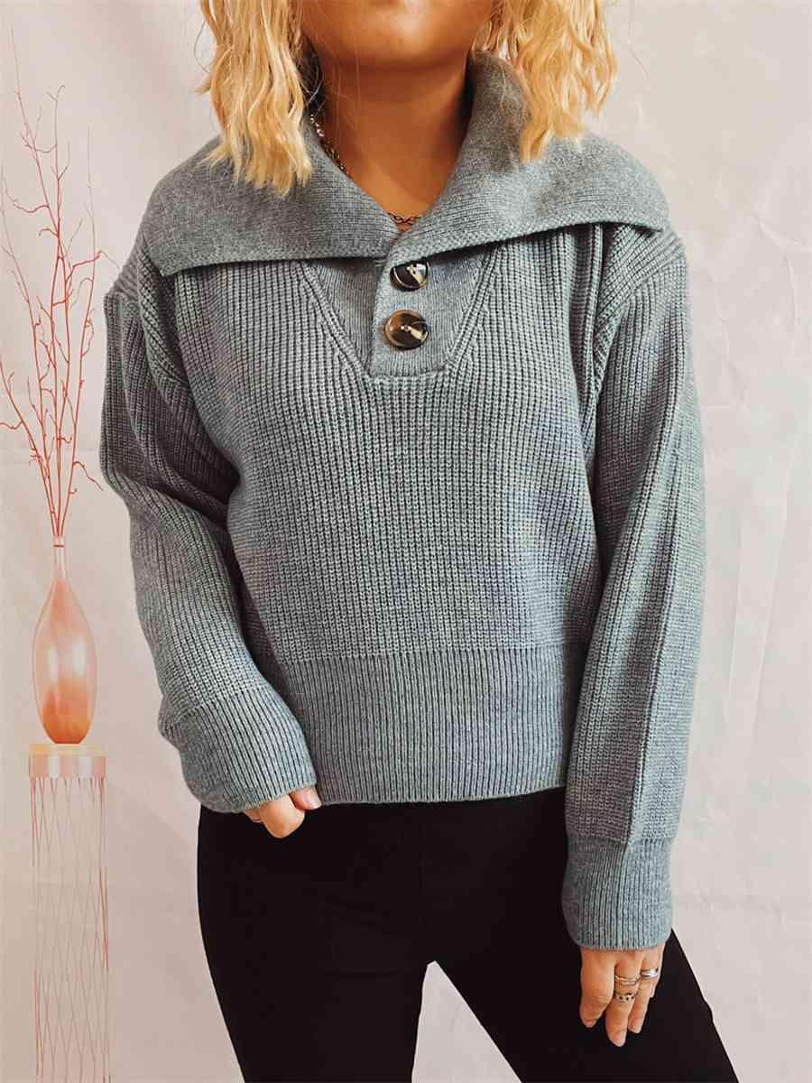 Statement Collar Half Button Sweater - Bona Fide Fashion