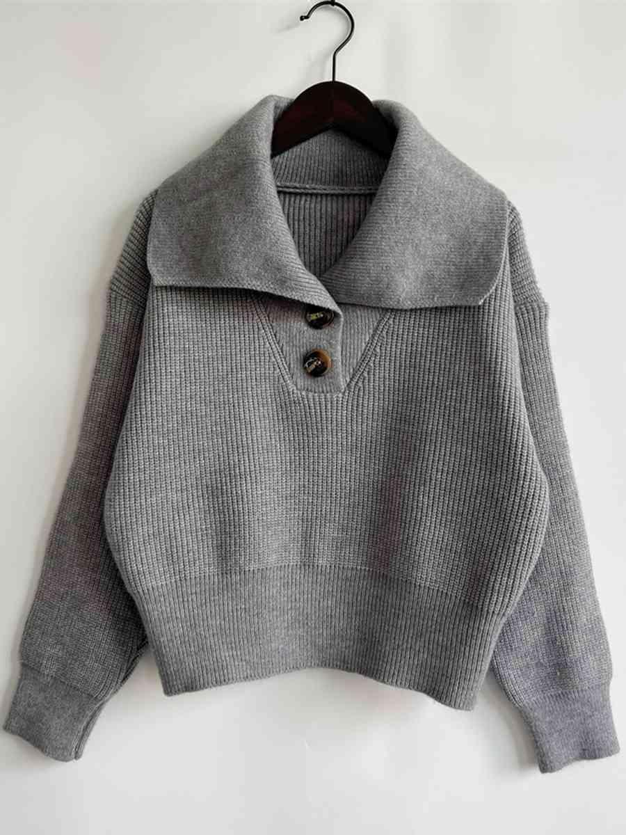 Statement Collar Half Button Sweater - Bona Fide Fashion