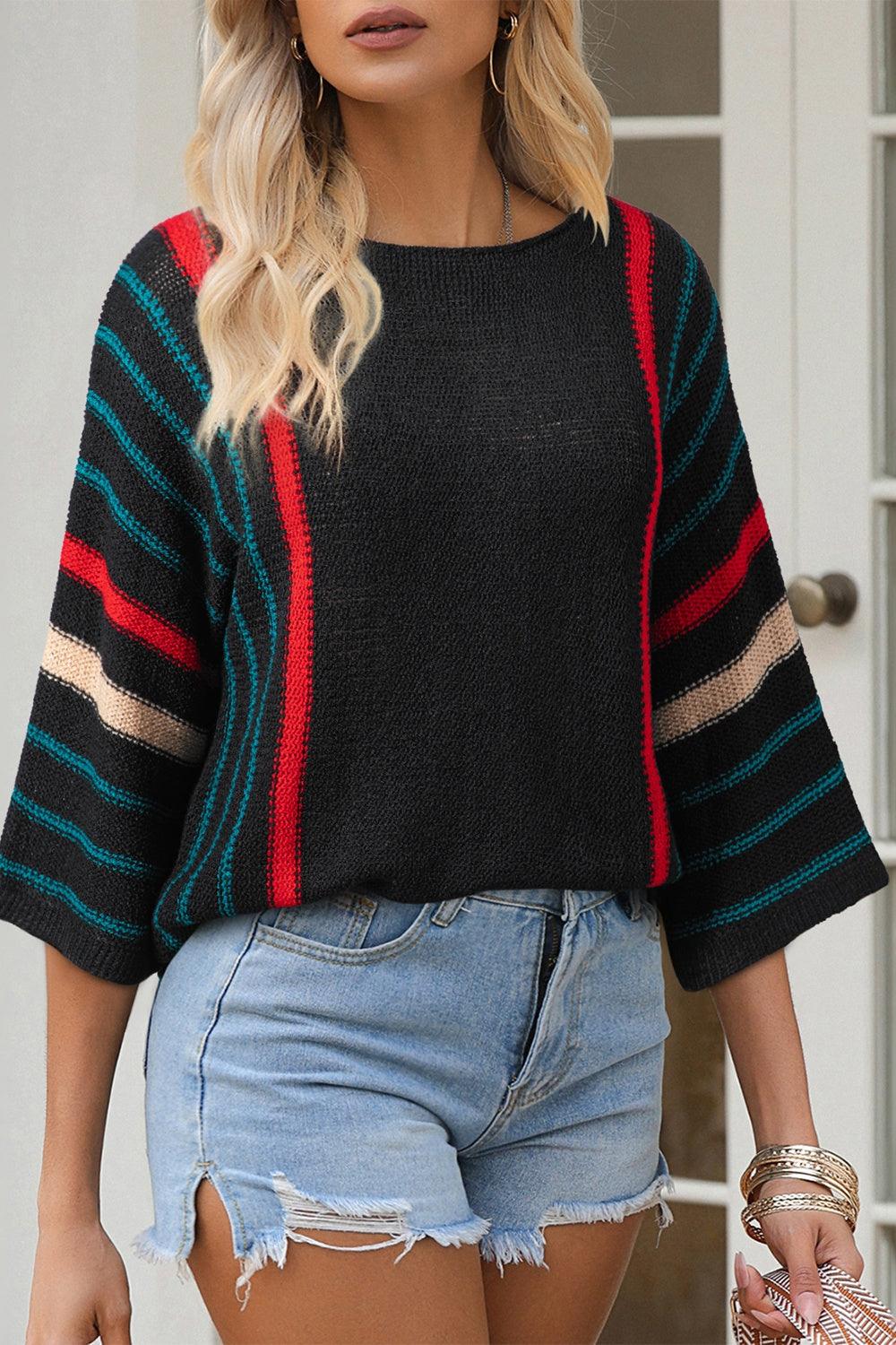 Striped Boat Neck Three-Quarter Sleeve Knit Top - Bona Fide Fashion