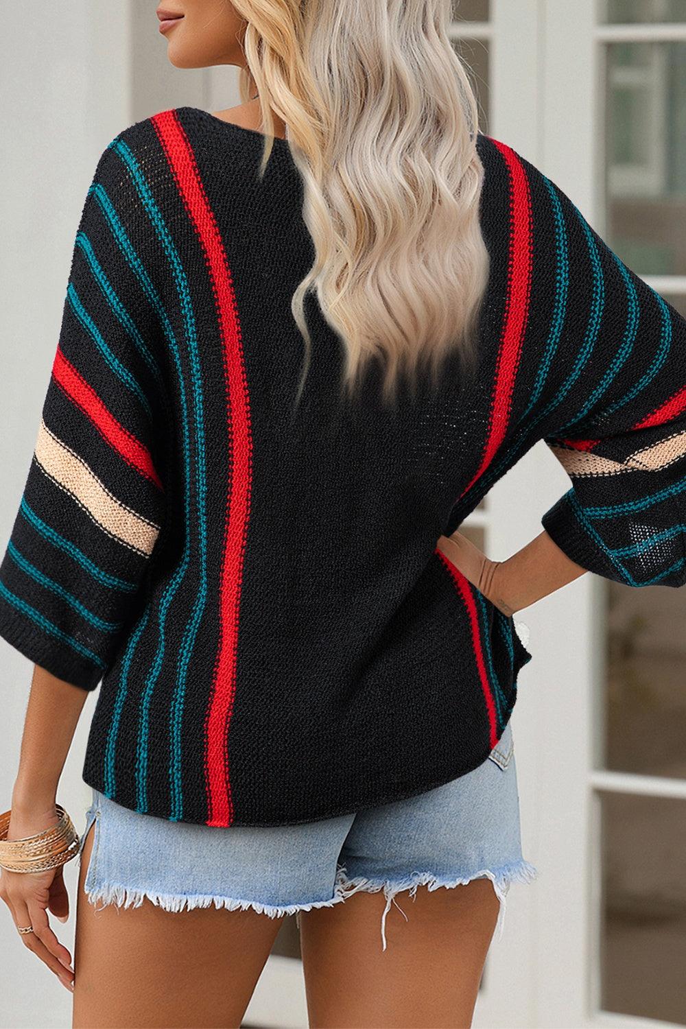 Striped Boat Neck Three-Quarter Sleeve Knit Top - Bona Fide Fashion