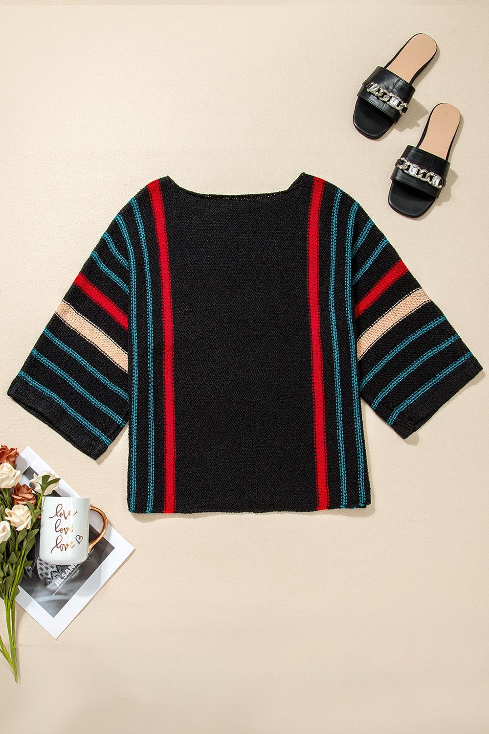 Striped Boat Neck Three-Quarter Sleeve Knit Top - Bona Fide Fashion