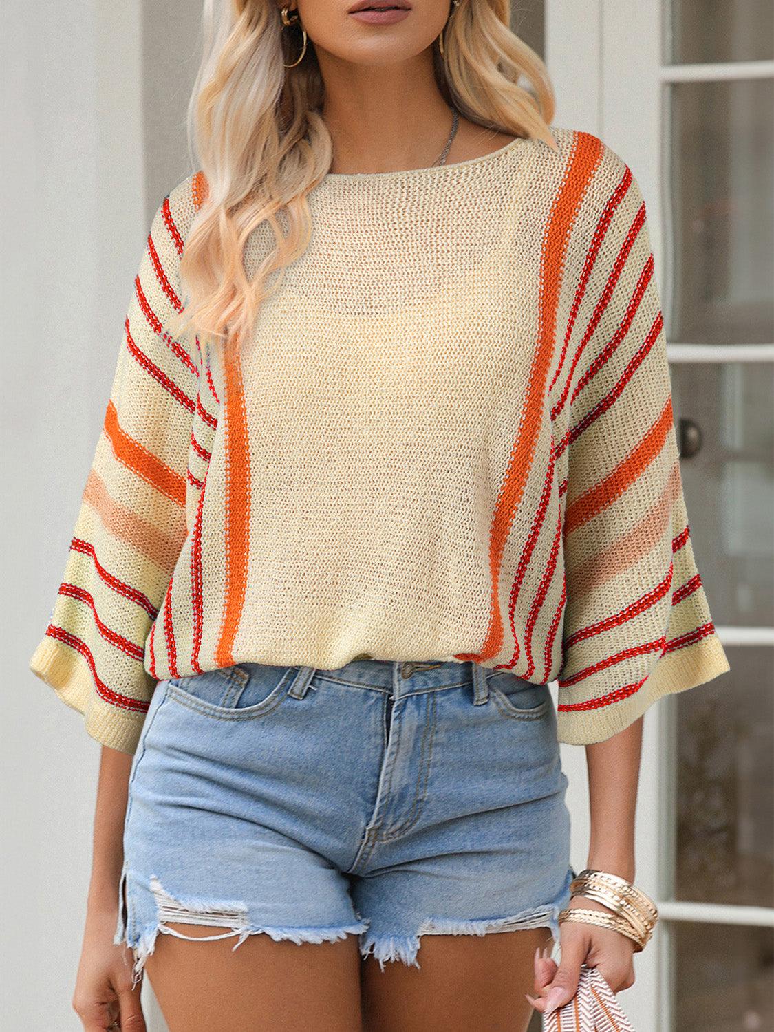 Striped Boat Neck Three-Quarter Sleeve Knit Top - Bona Fide Fashion