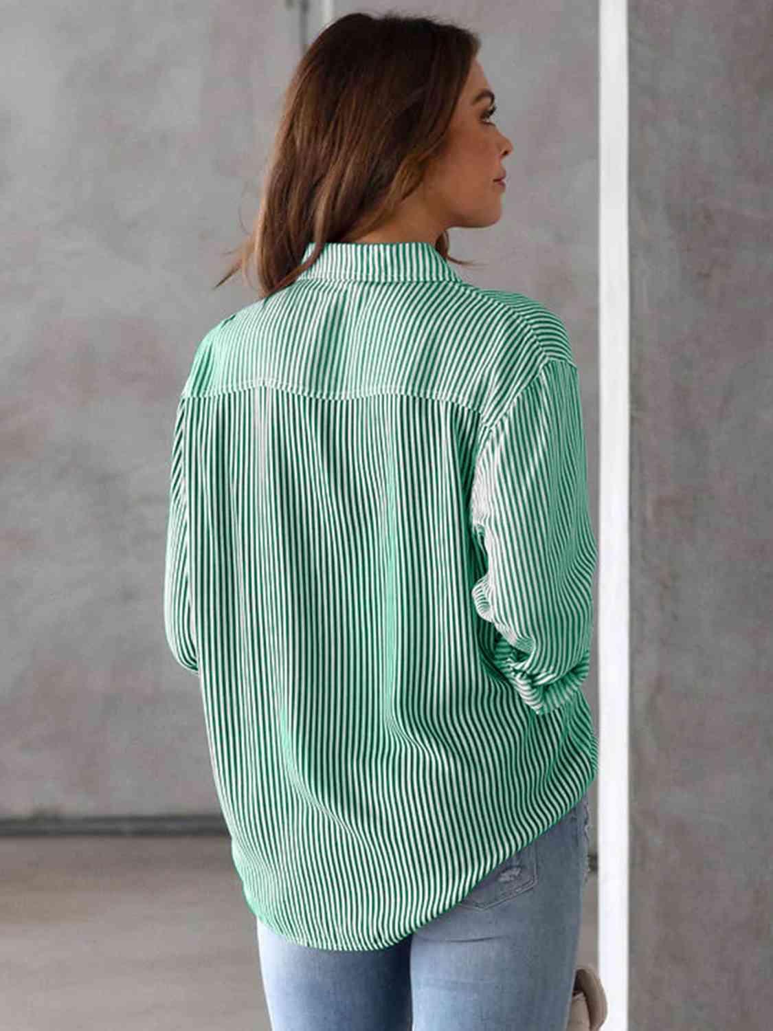 Striped Collared Neck Shirt with Pocket - Bona Fide Fashion